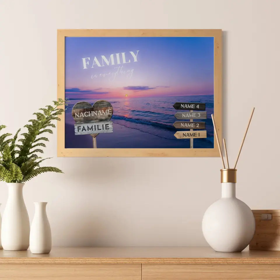 Familienposter mit Namen Wegweiser Strand Sonnenuntergang & Familienspruch