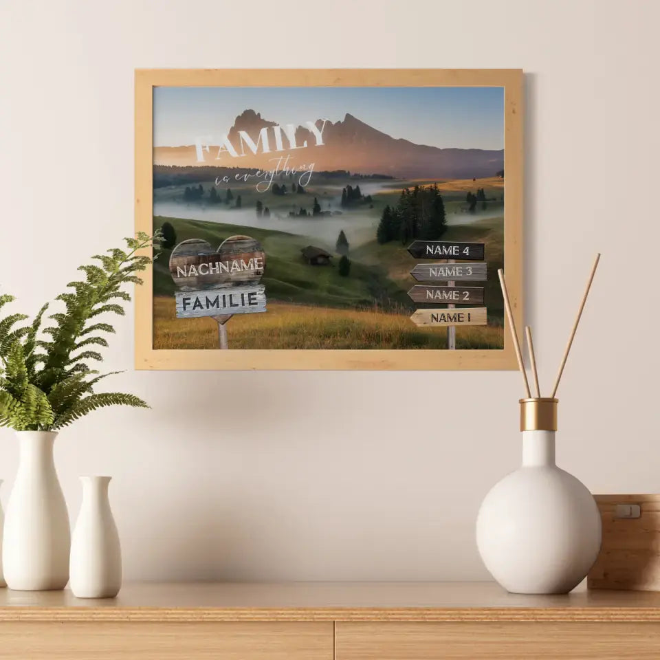 Familienposter mit Namen Wegweiser Berge Sonnenuntergang & Familienspruch