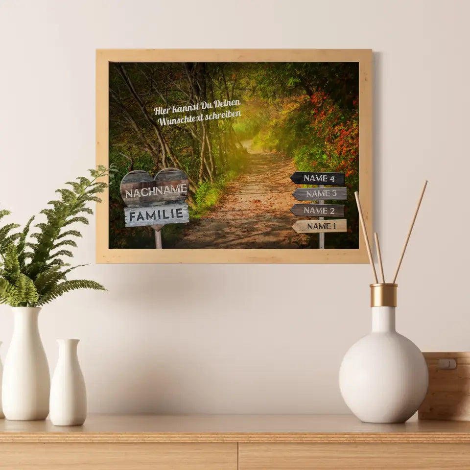 Familienposter mit Namen Wegweiser Waldweg & Wunschtext