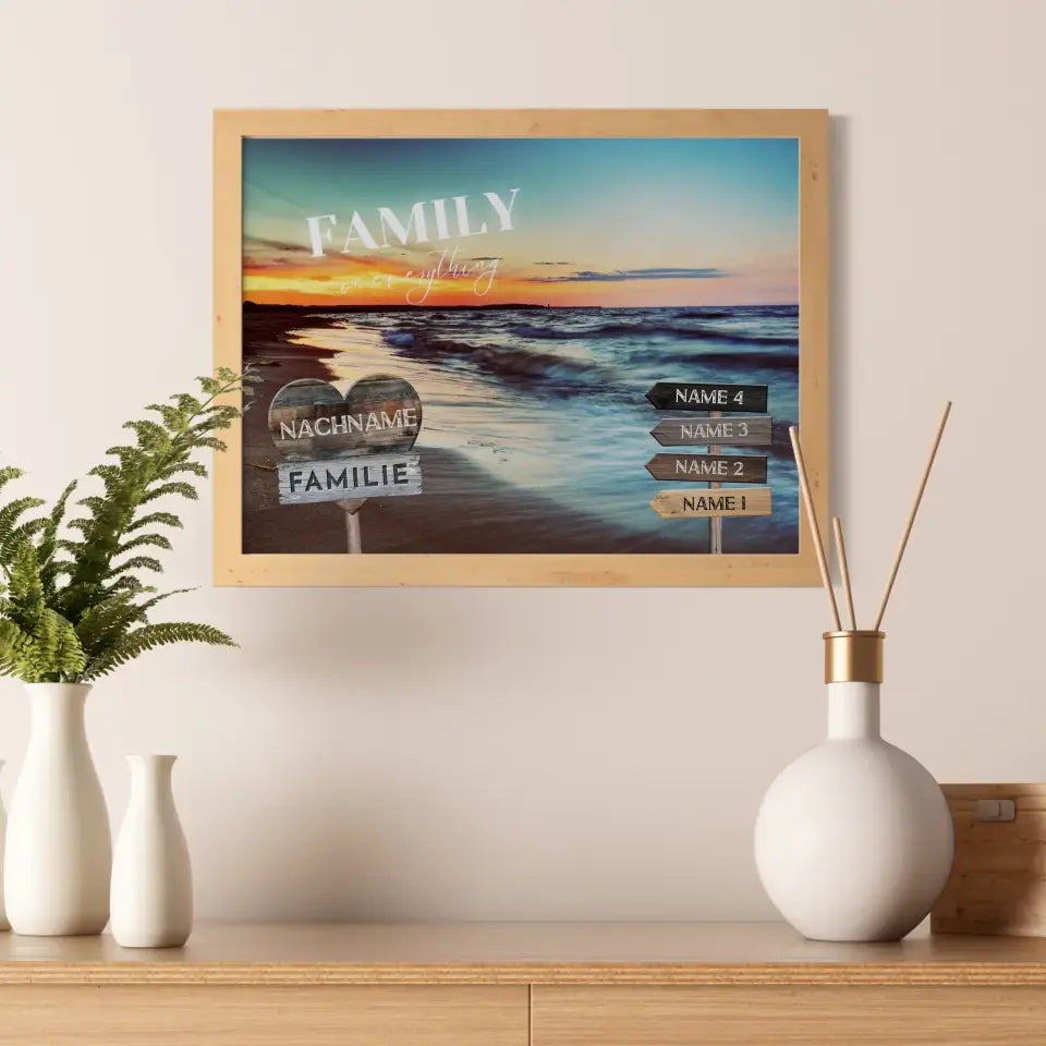Familienposter personalisiert Wegweiser Sunset Strand mit 9 Namen & Familienspruch