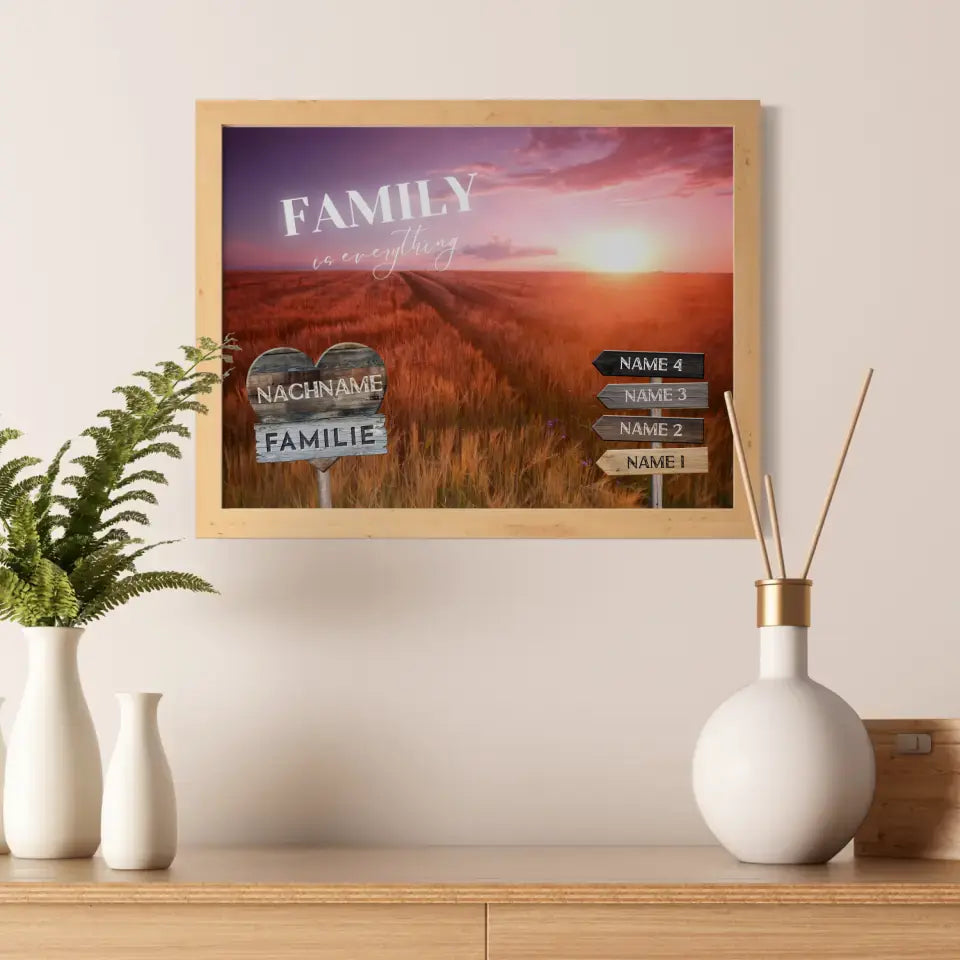 Familienposter personalisiert Wegweiser Sonnenuntergang Feld mit 9 Namen & Familienspruch