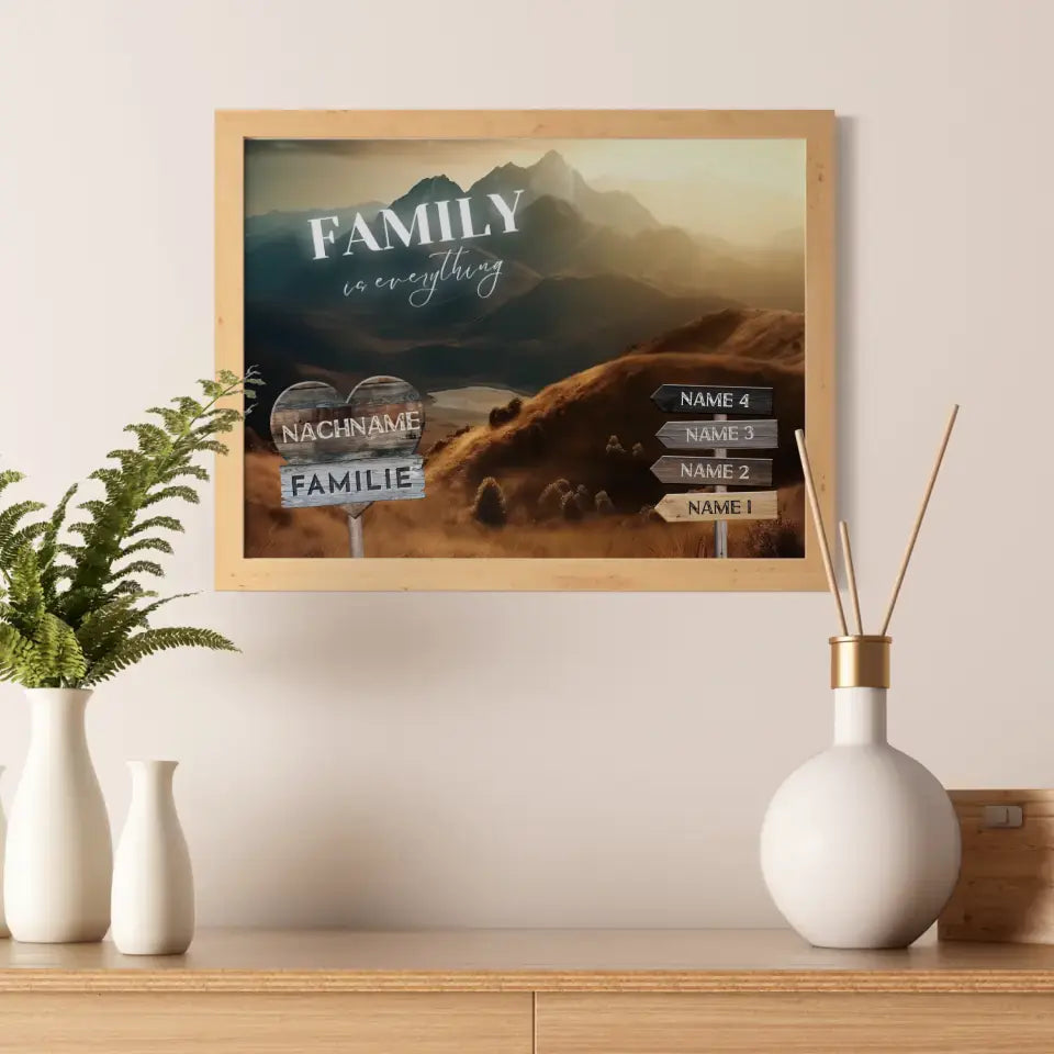 Familienposter personalisiert Wegweiser Berge mit 9 Namen & Familienspruch