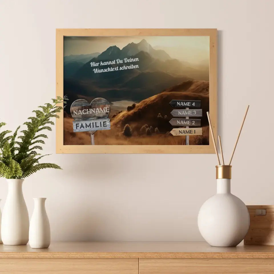 Familienposter personalisiert Wegweiser Berge & Wunschtext