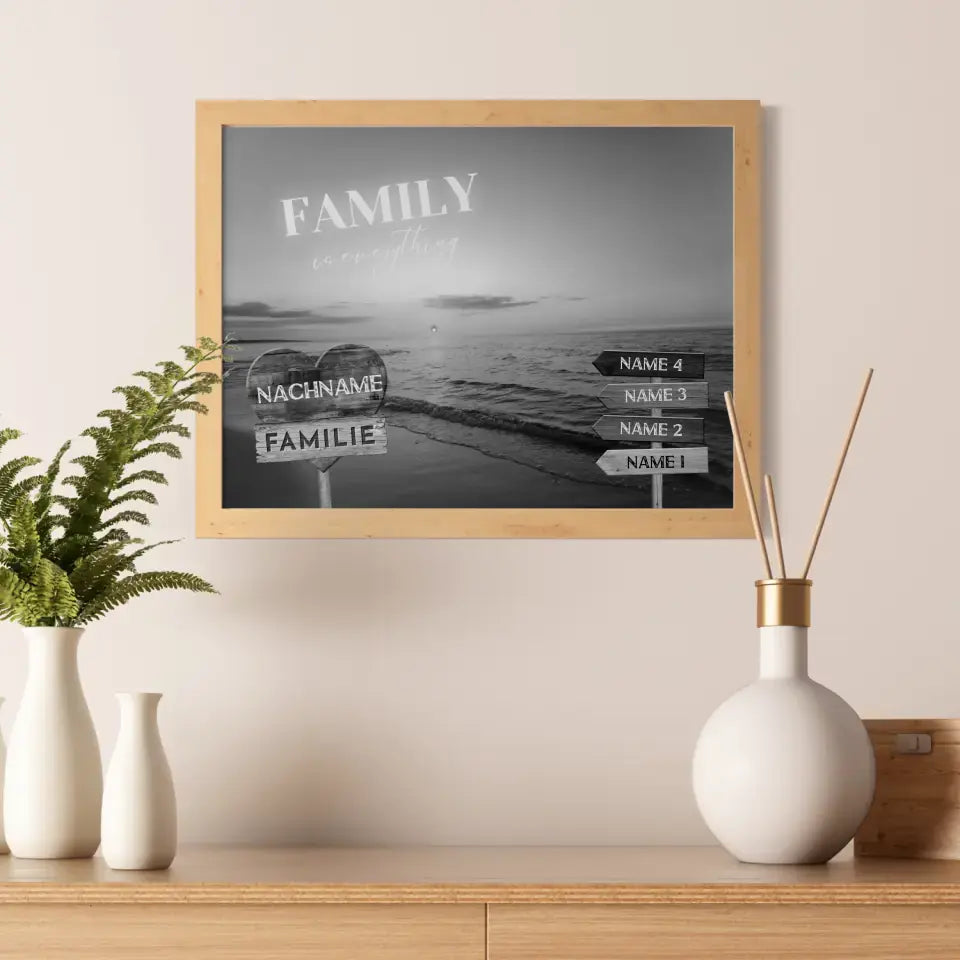 Personalisiertes Poster Familie Wegweiser Strand Sonnenuntergang Schwarz Weiß & Familienspruch