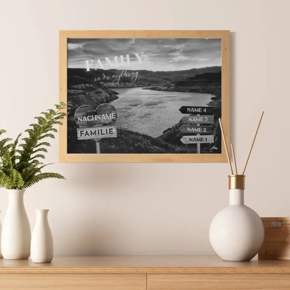 Personalisiertes Poster Familie Wegweiser See im Tal Schwarz Weiß & Familienspruch
