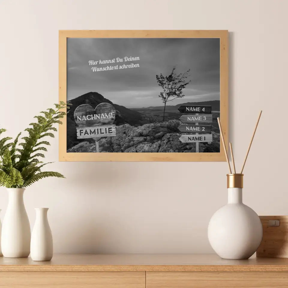 Personalisiertes Poster Familie Wegweiser Bergspitze Schwarz Weiß & Wunschtext
