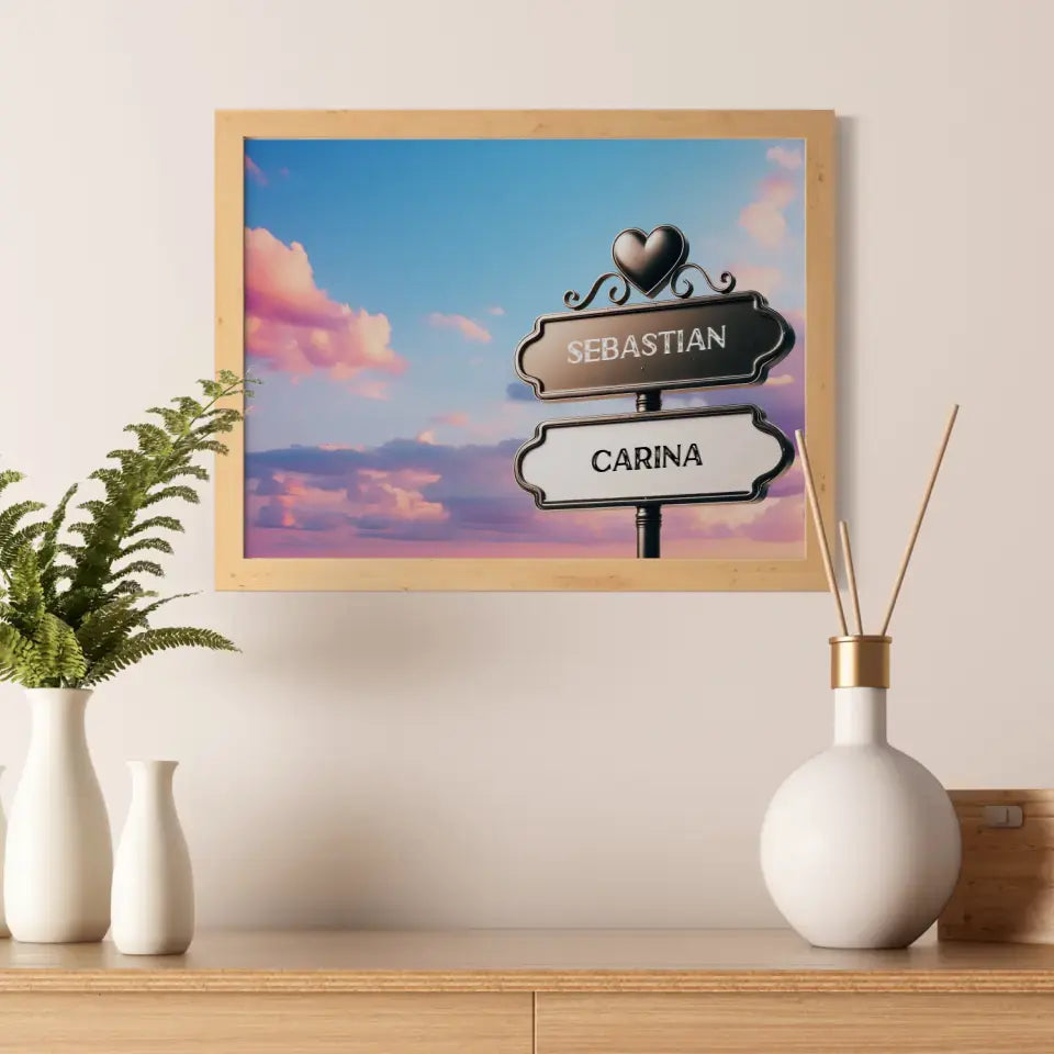 Personalisiertes Poster Liebe Wegweiser lila Wolken mit Namen