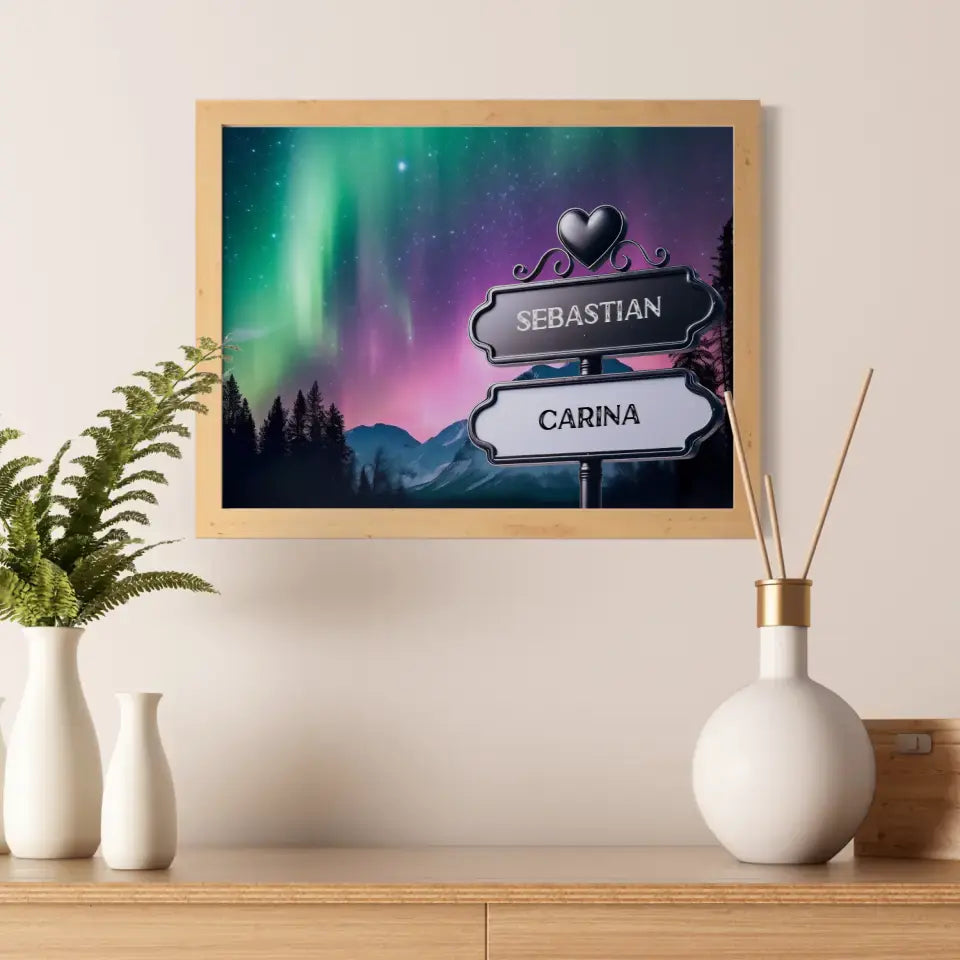 Personalisiertes Poster Paare Wegweiser Nordlichter Polarlichter mit Namen