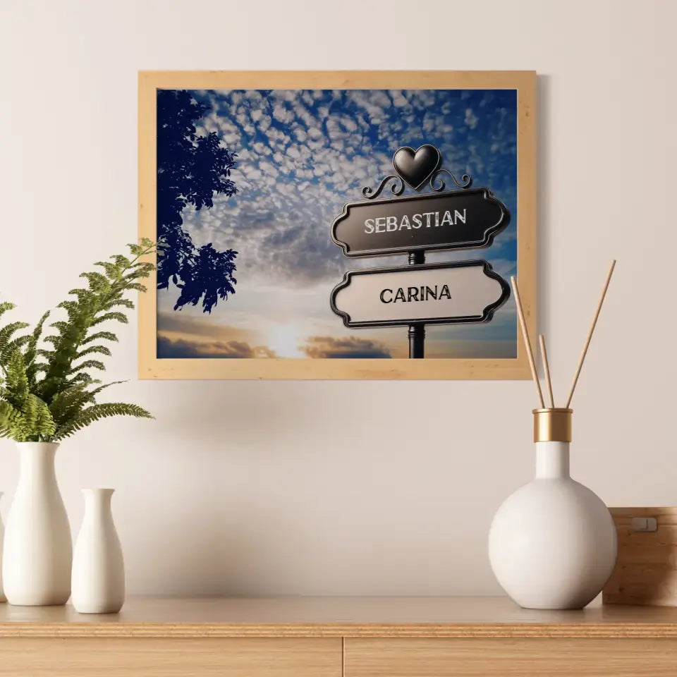 Liebes Poster Wegweiser Sonnenuntergang Wolken mit Namen
