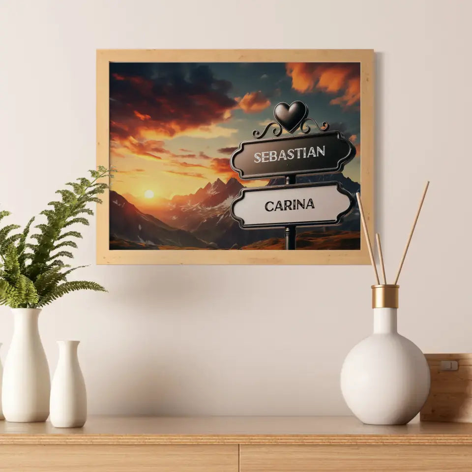 Personalisiertes Poster Paare Wegweiser Sonnenuntergang Alpen mit Namen