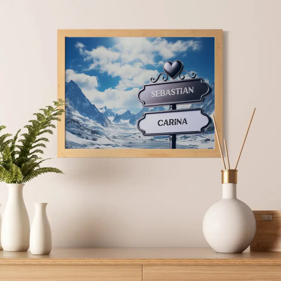 Personalisiertes Poster Liebe Wegweiser Winter Berge mit Namen