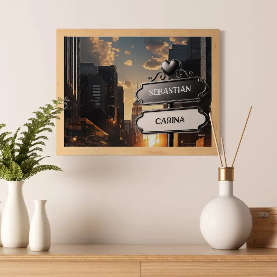 Poster personalisiert Wegweiser Sonnenuntergang Wolkenkratzer