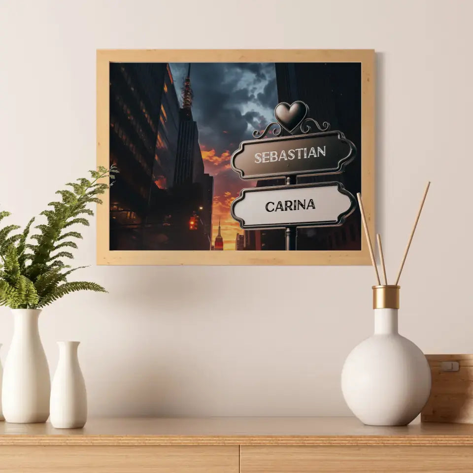 Personalisiertes Poster Paare Wegweiser Sonnenuntergang Skyscraper