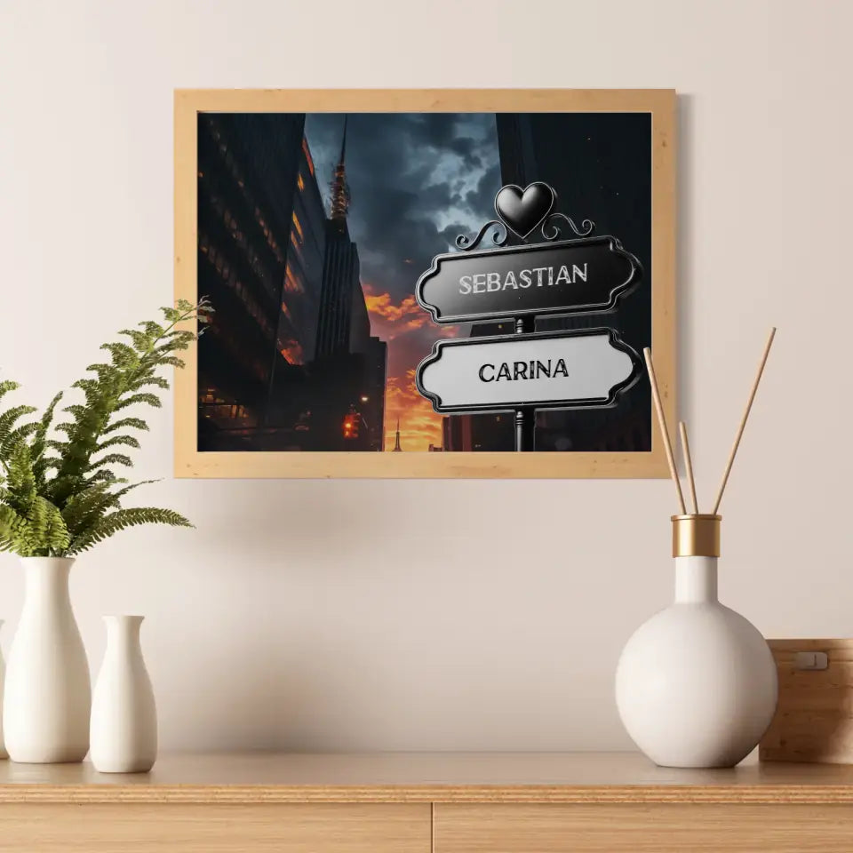 Poster personalisiert Wegweiser Wolkenkratzer Sonnenuntergang