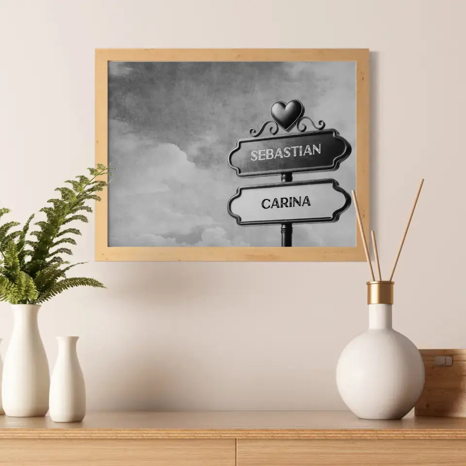 Liebes Poster mit Namen Wegweiser Schwarz Weiß Himmel Für Paare