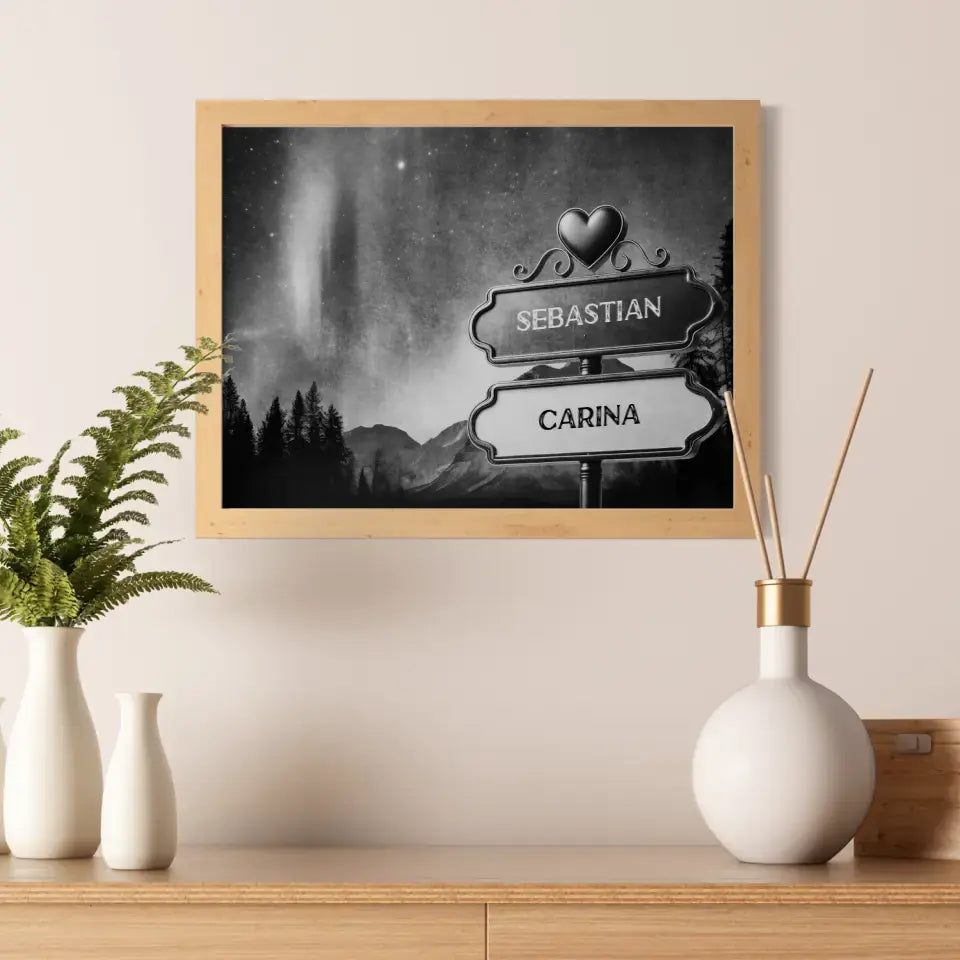 Personalisiertes Poster Liebe Wegweiser Weiß Schwarz Nordlichter mit Namen