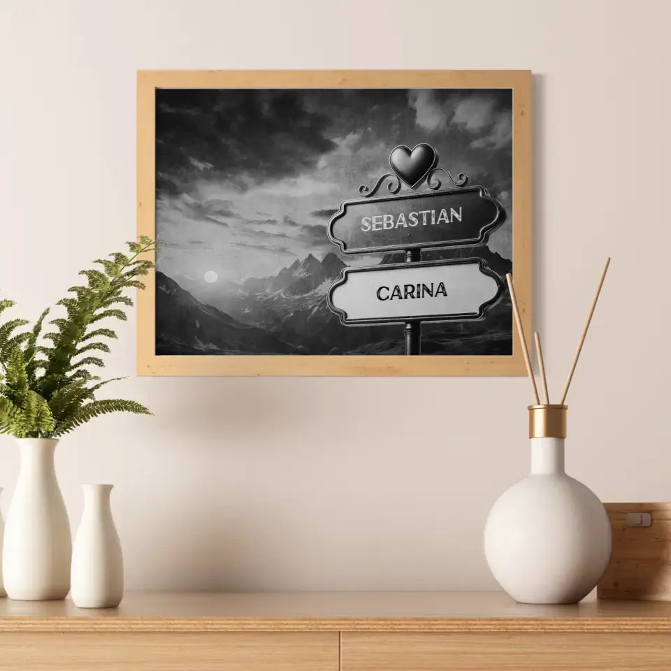 Personalisiertes Poster Liebe Wegweiser Schwarz Weiß Sonnenuntergang Gebirge mit Namen