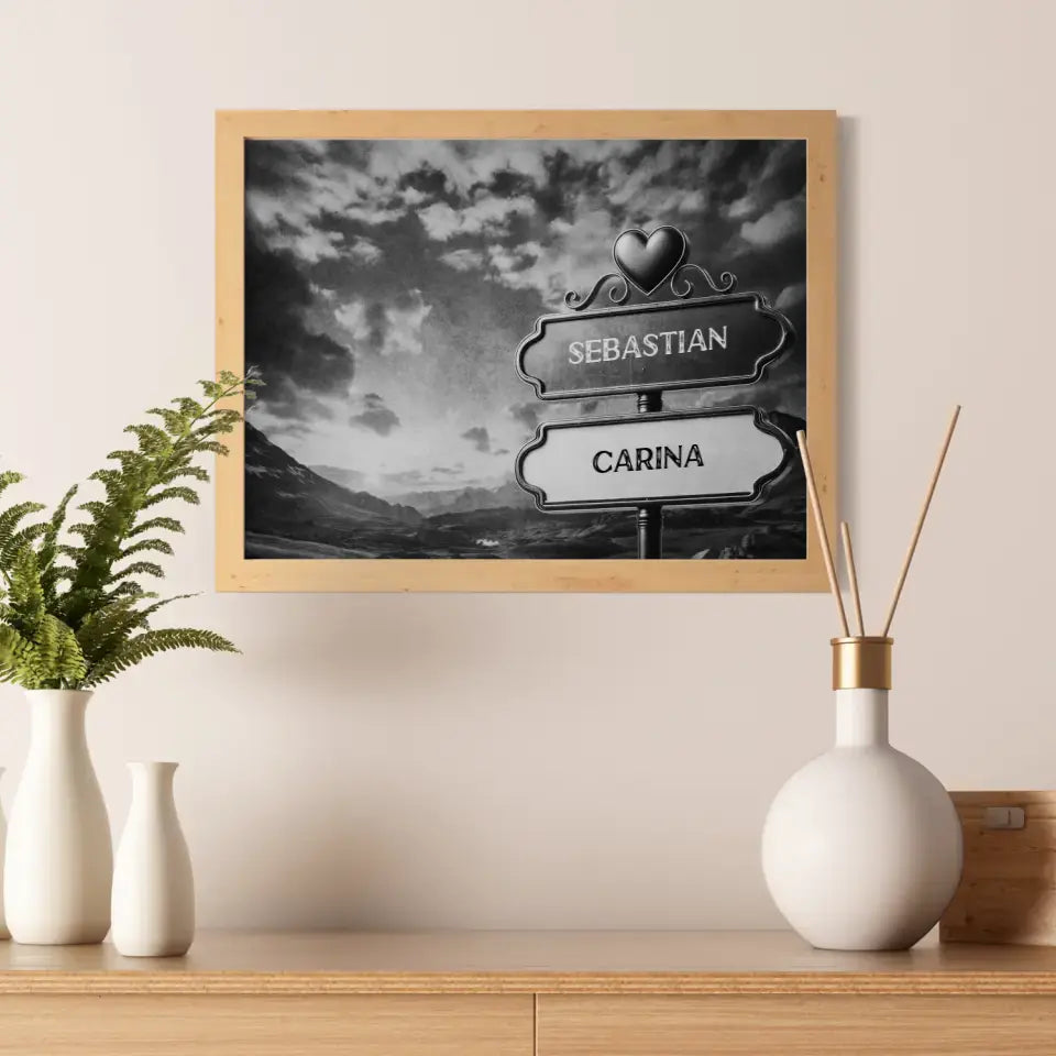 Personalisiertes Poster Paare Wegweiser Schwarz Weiß Tal mit Namen
