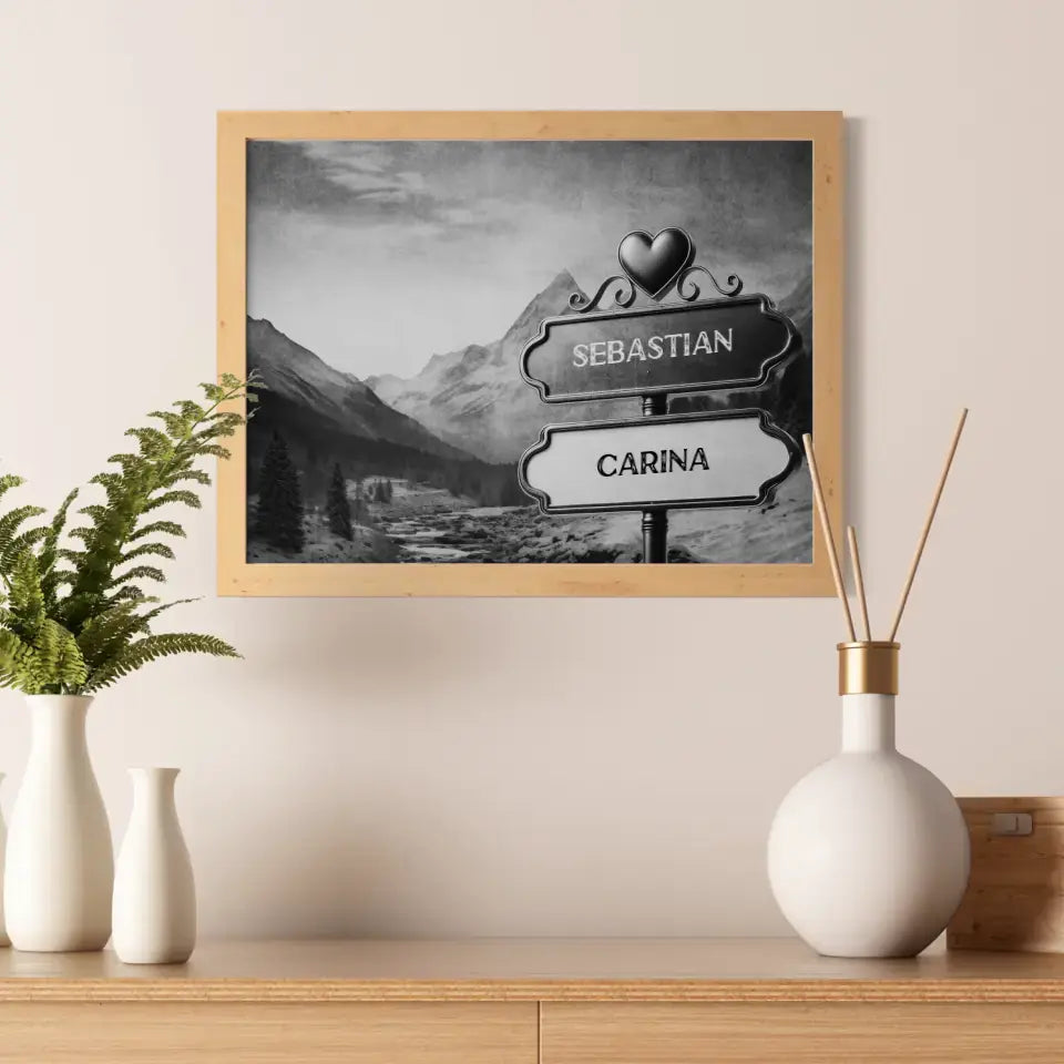 Personalisiertes Poster Paare Wegweiser Schwarz Weiß Gletschertal mit Namen