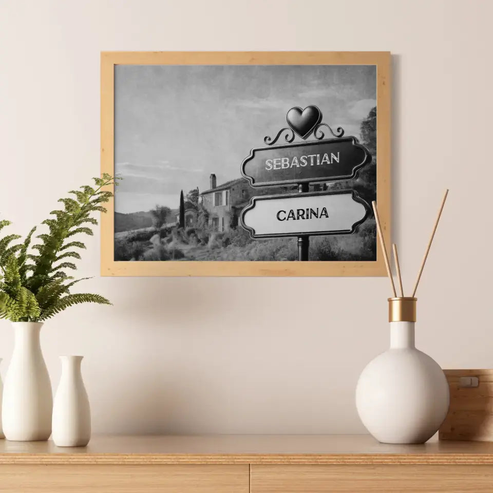 Poster personalisiert Wegweiser Schwarz Weiß Provence mit Namen