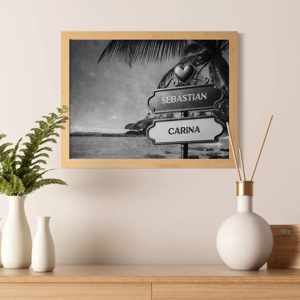 Personalisiertes Poster Liebe Wegweiser Schwarz Weiß Paradies mit Namen