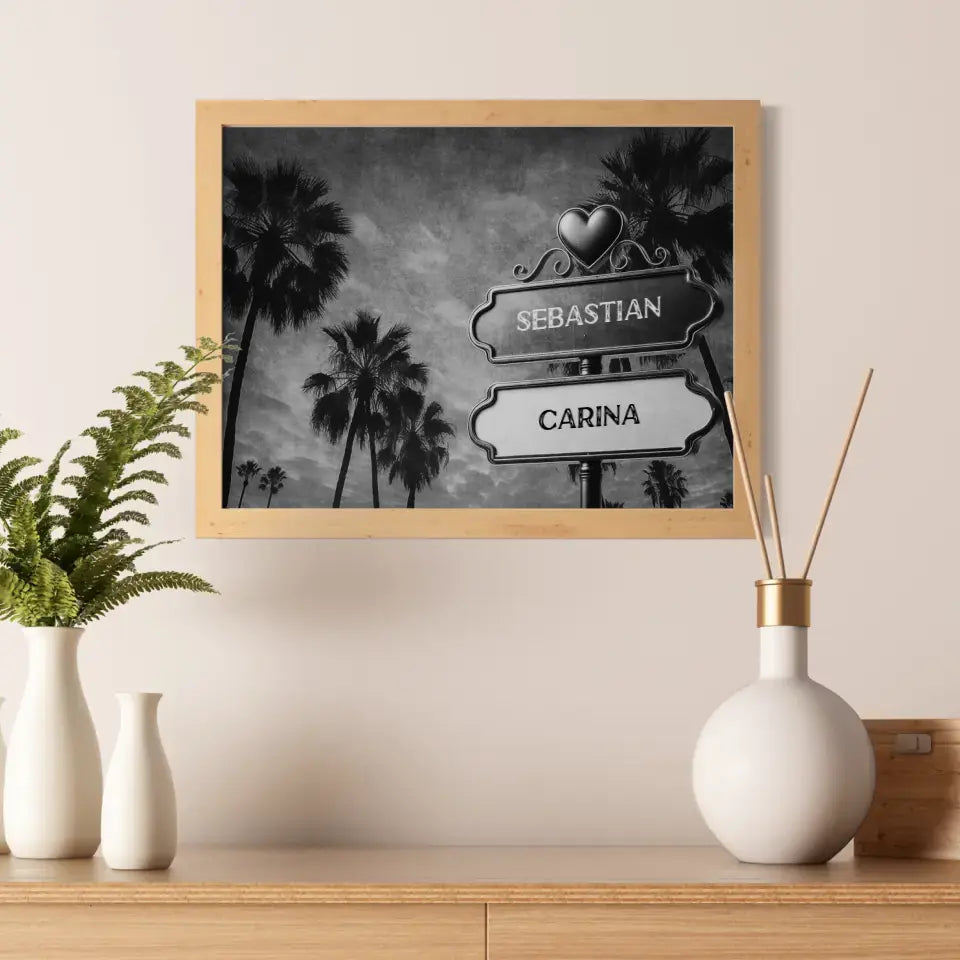 Poster personalisiert Wegweiser Schwarz Weiß Palmen Himmel mit Namen