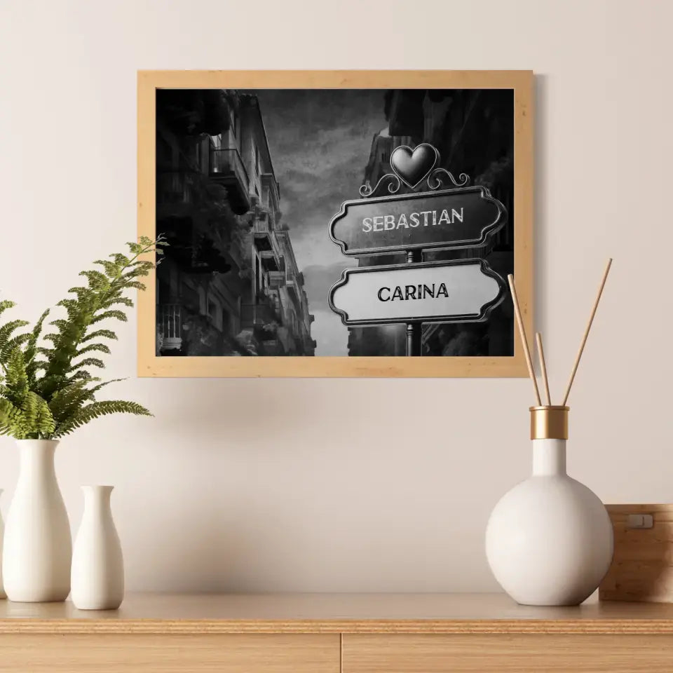 Liebes Poster Wegweiser Schwarz Weiß Stadt Himmel mit Namen