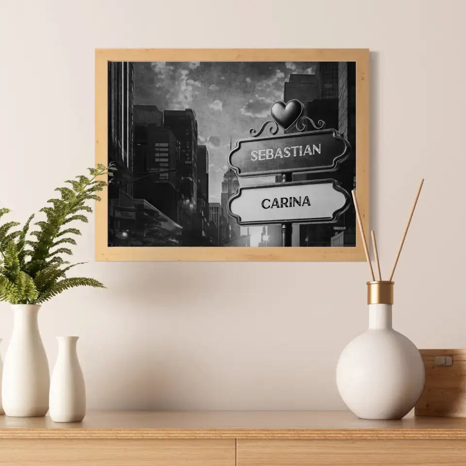 Personalisiertes Poster Wegweiser Schwarz Weiß Sonnenuntergang Stadt mit Namen