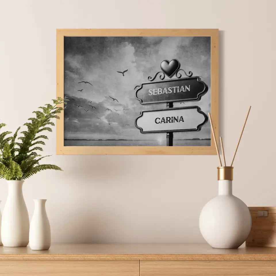 Liebes Poster Wegweiser Schwarz Weiß Strand Sonnenuntergang Vögel mit Namen