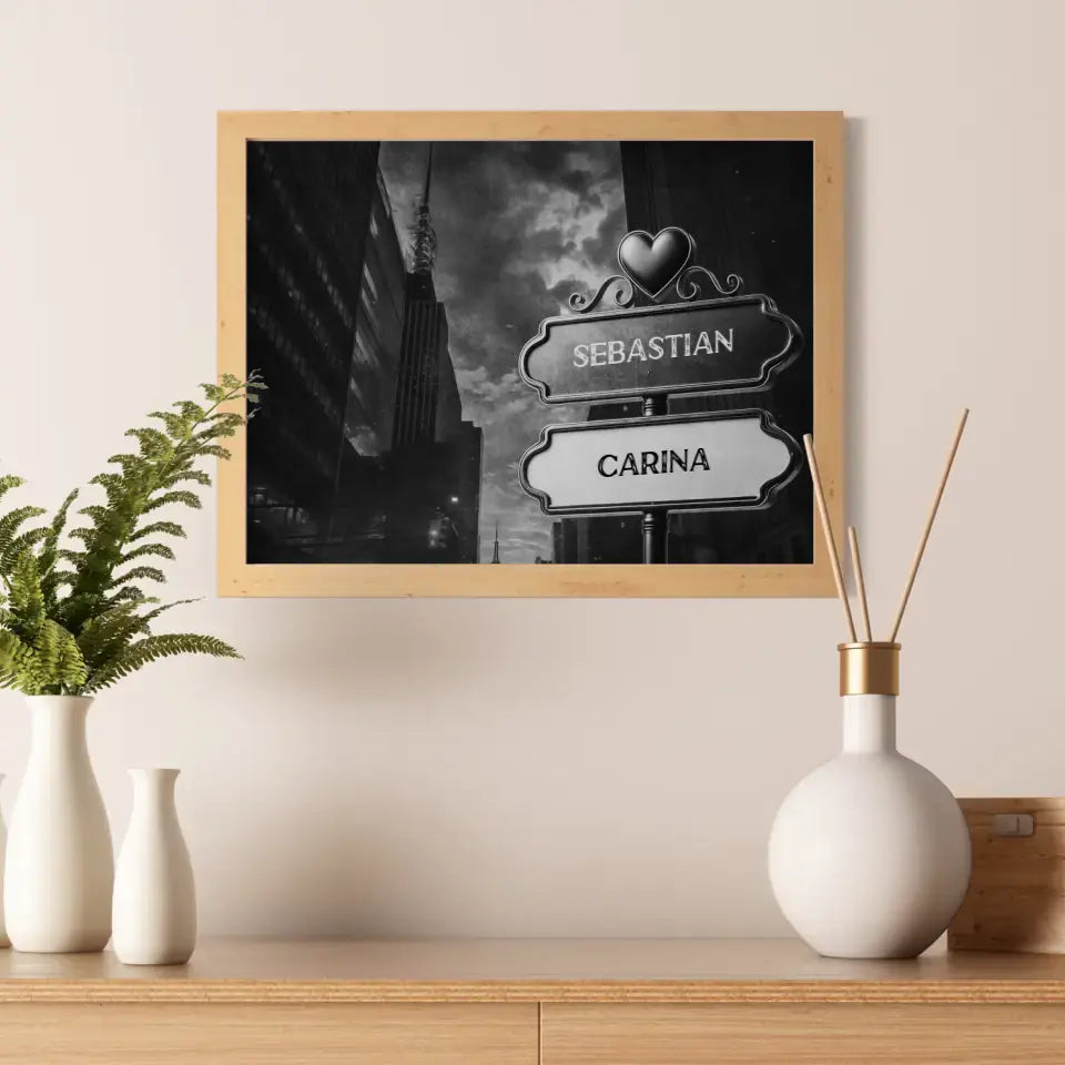 Liebes Poster Wegweiser Schwarz Weiß bewölkte Stadt mit Namen