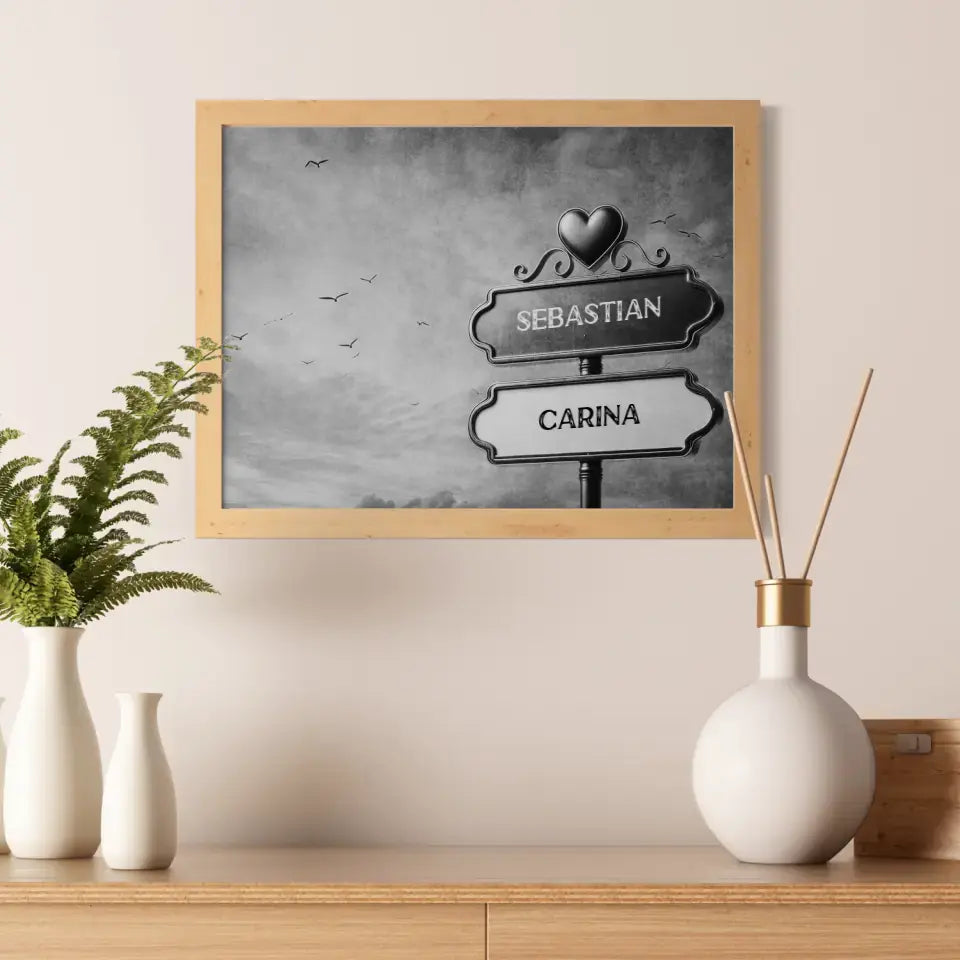 Personalisiertes Poster Wegweiser Schwarz Weiß Vögel bewölkt mit Namen