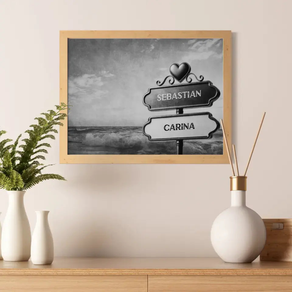 Personalisiertes Poster Paare Wegweiser Schwarz Weiß Wellen mit Namen