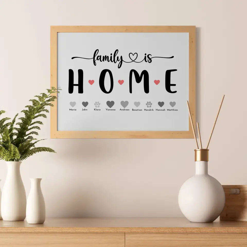 Familienposter mit Namen Family is home Bis zu 20 Namen