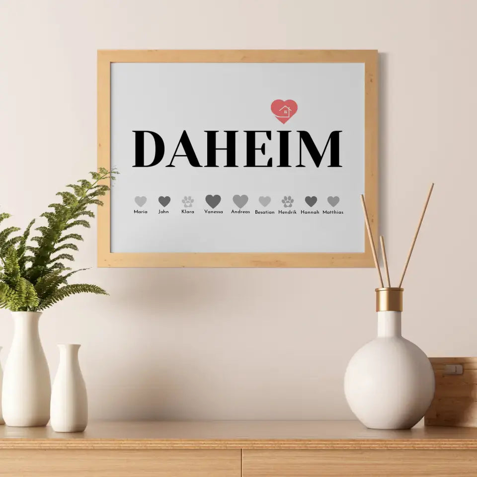 Familien Poster Daheim Eltern Kinder Katze Hund Pferd