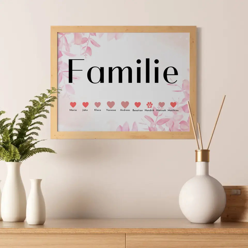 Familien Poster Rosa Blüten Eltern Kinder Katze Hund Pferd Bis zu 20 Namen