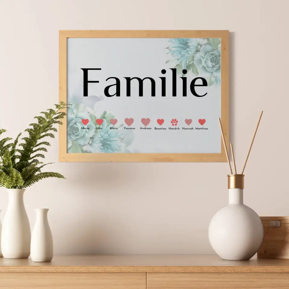 Personalisiertes Familienposter Blaue Blüten Eltern Kinder & Tieren