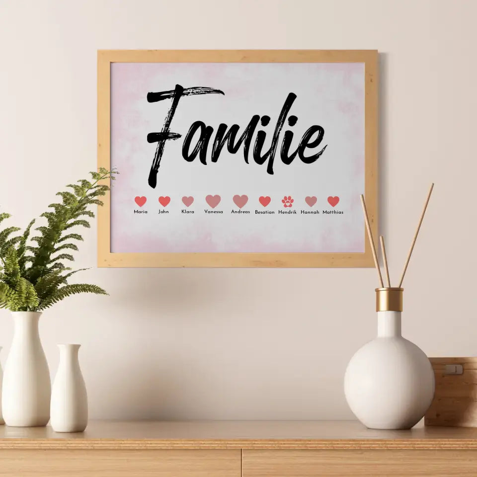 Personalisiertes Poster Familie mit Namen Eltern Kinder & Tieren Bis zu 20 Namen