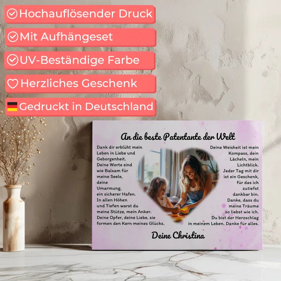 Leinwand Geschenk für Danke Patentante mit Herz Foto Wasserfarben Stil 7