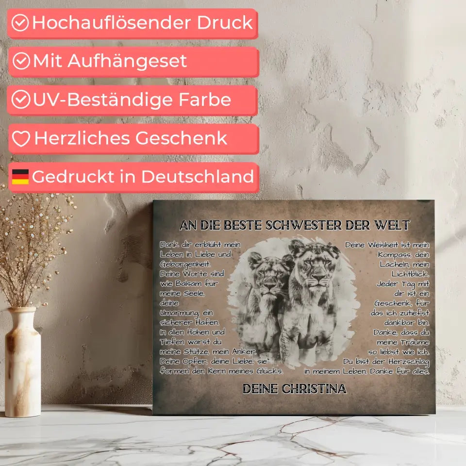 Personalisierte Leinwand Danke für alles Schwester mit Löwen Bild 7