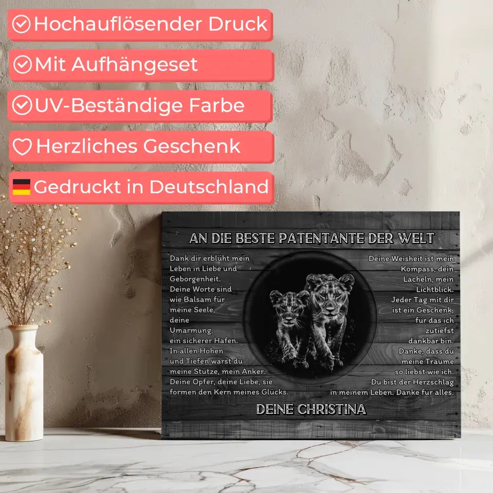 Dankes Leinwand mit Löwen für Patentante Schwarz Weiß 7