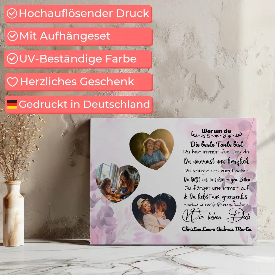 Personalisierte Leinwand mit 3 Herz Fotos Tante Du bist die Beste 7