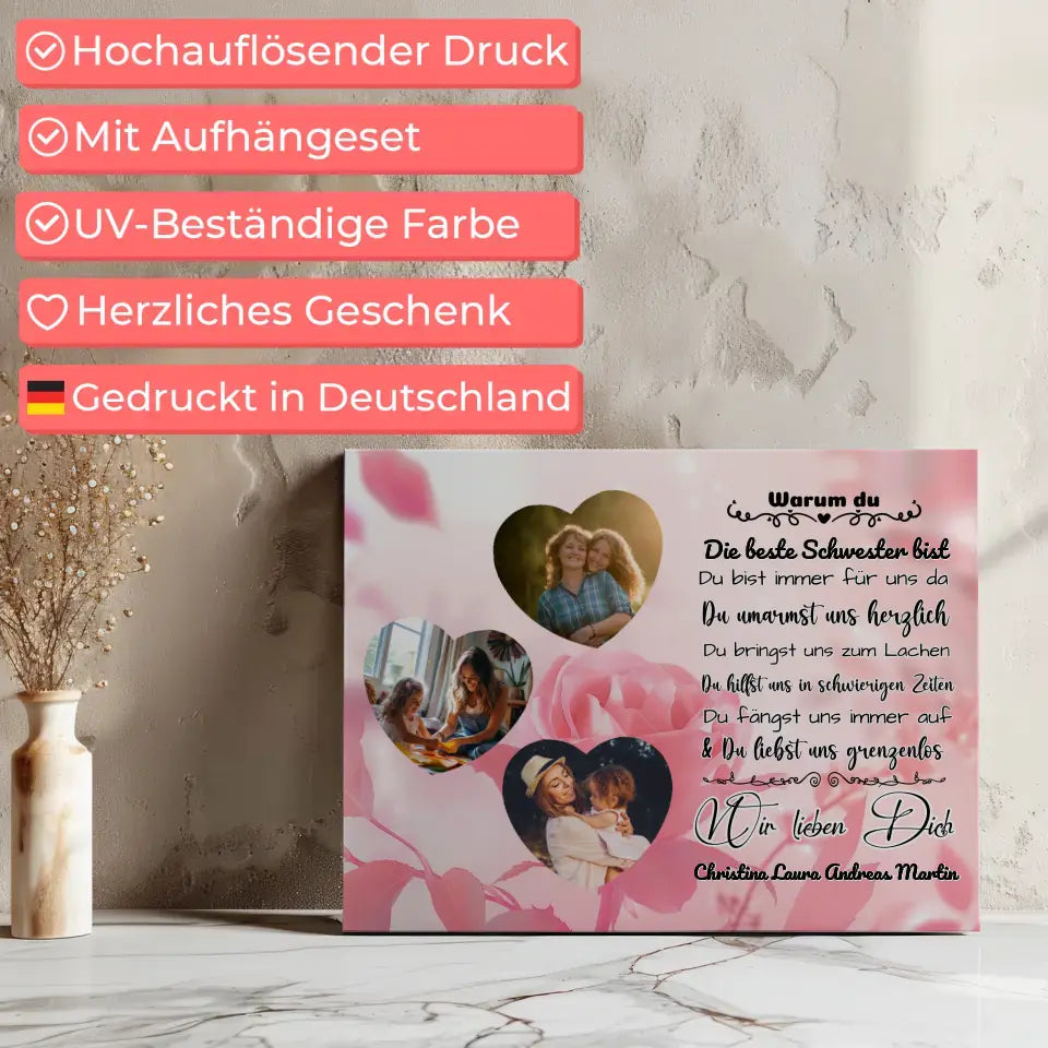 Leinwand mit 3 Herz Fotos für Schwester Ich liebe Dich 7
