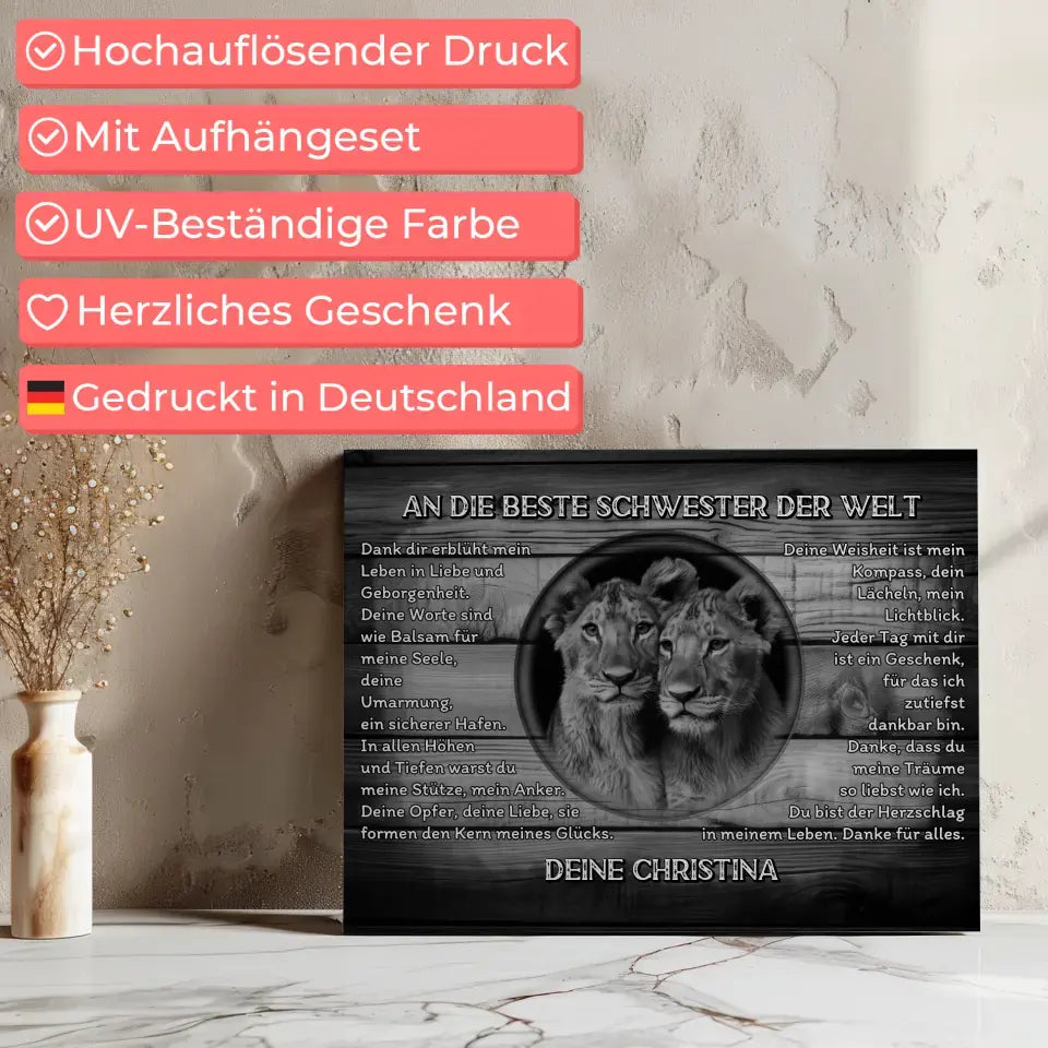 Löwen Leinwand für Schwester Schwarz Weiß 7
