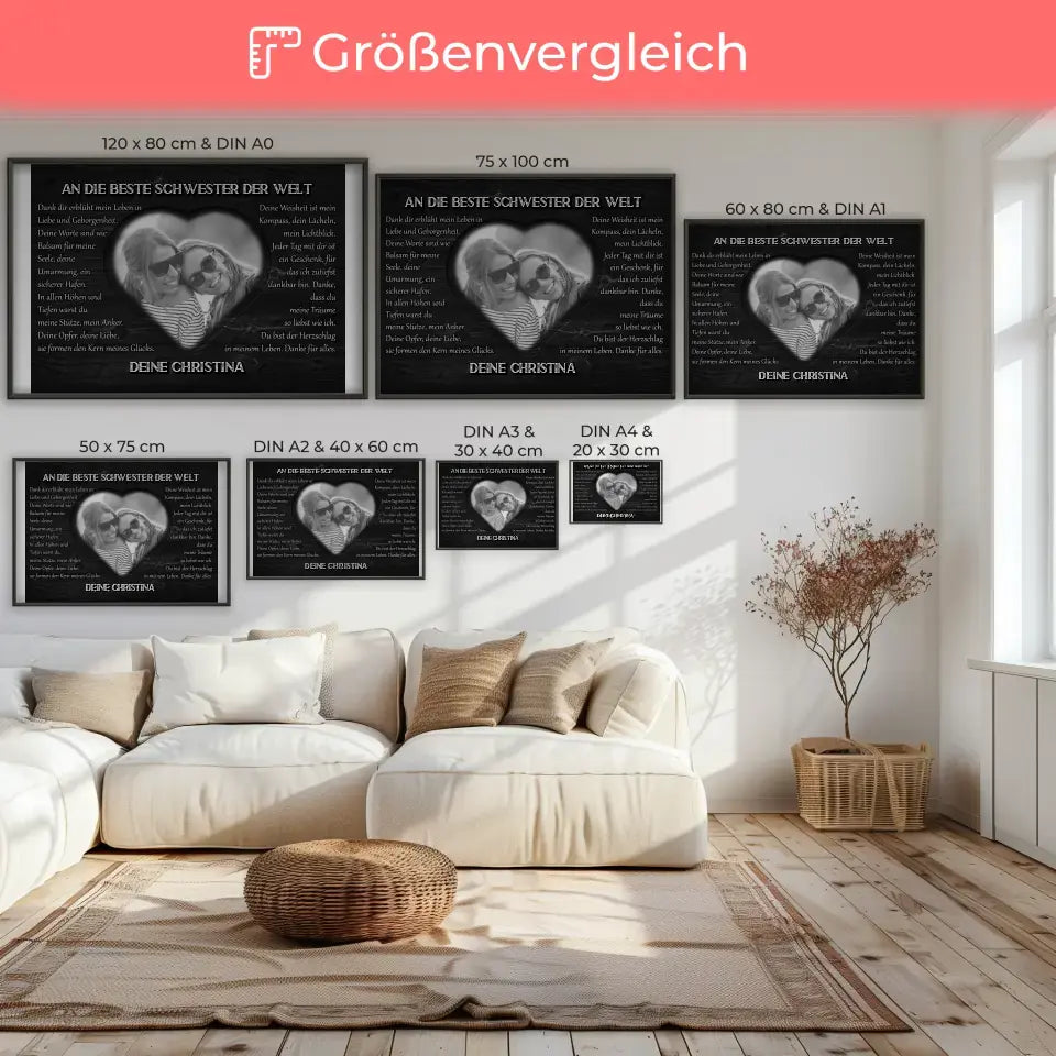 Personalisiertes Schwester Poster DANKE Schwarz Weiß