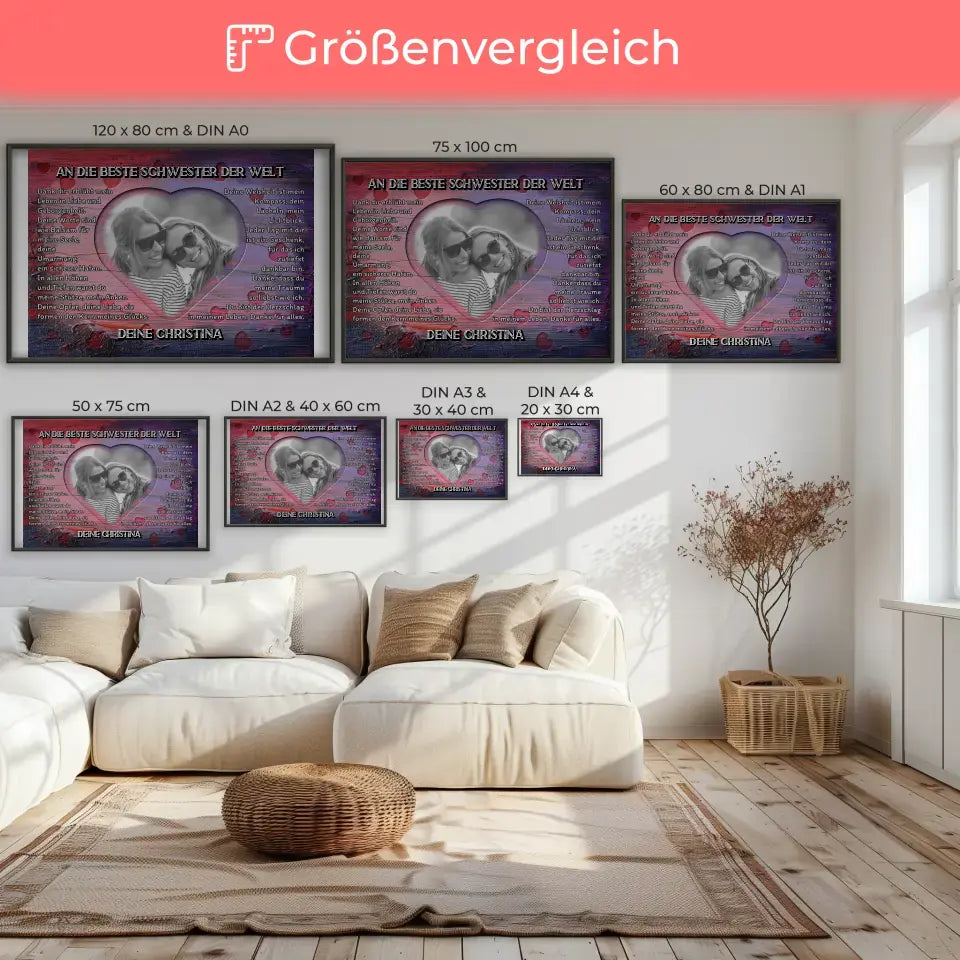 Poster personalisiert Schwester Holz Stil Herzen Bunter Holz Stil