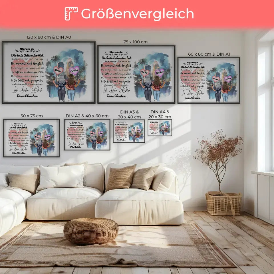 Poster Ich liebe Dich Schwester mit personalisierten Figuren