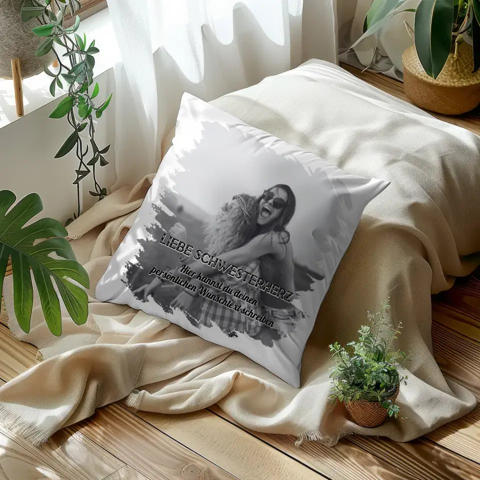 Personalisiertes Foto Kissen Schwester Zum Geburtstag mit Wunschtext
