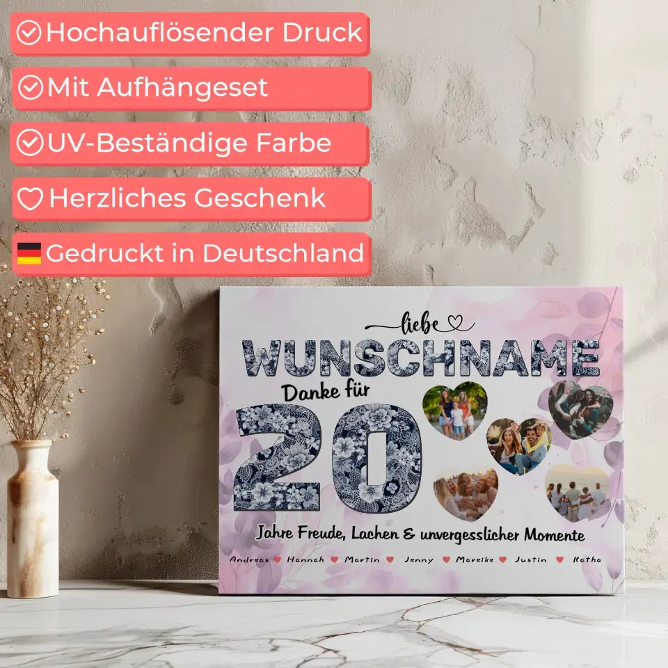 Personalisierte Leinwand 20 Geburstag für Schwester Wunschname Blumig 7