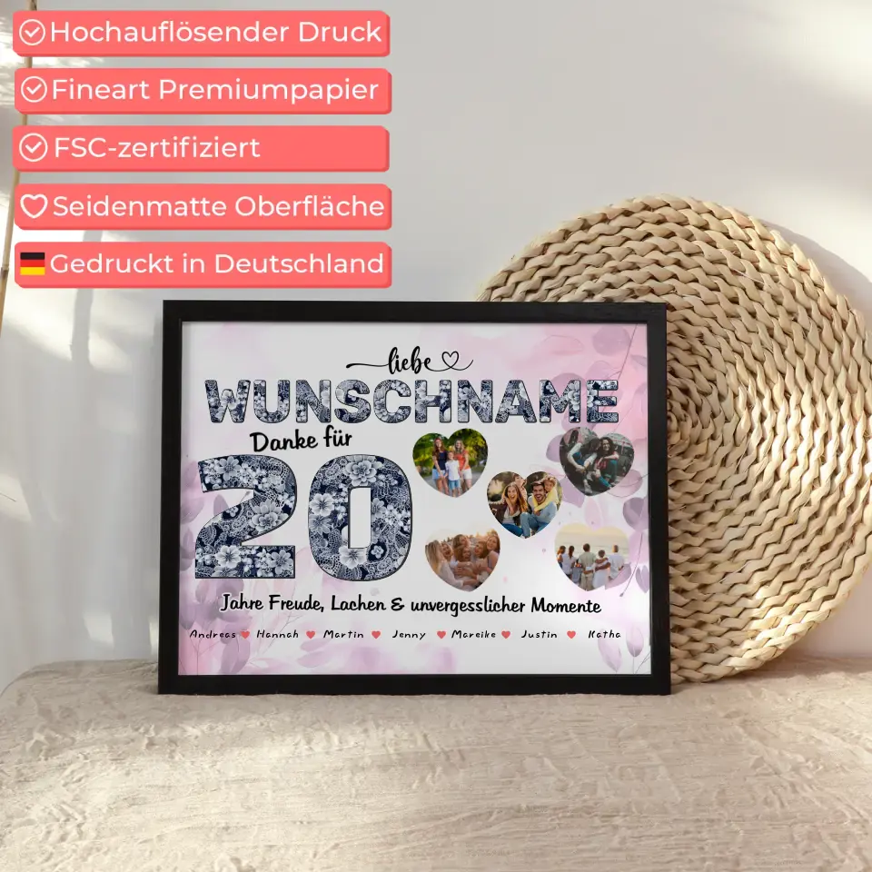 Personalisiertes Poster 20 Geburstag für Schwester Wunschname Blumig