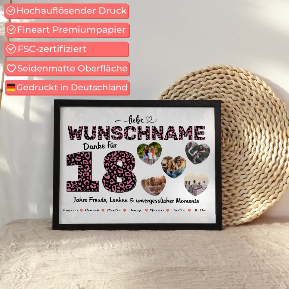 Geschenk Poster personalisiert 18 Geburstag Leo Look Pink Wunschname